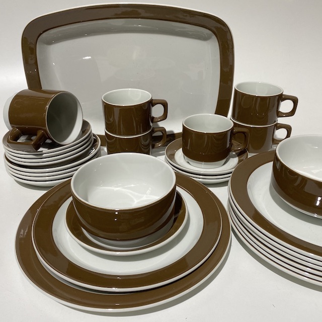 DINNERWARE, 1970s Set Brown White Scandi 